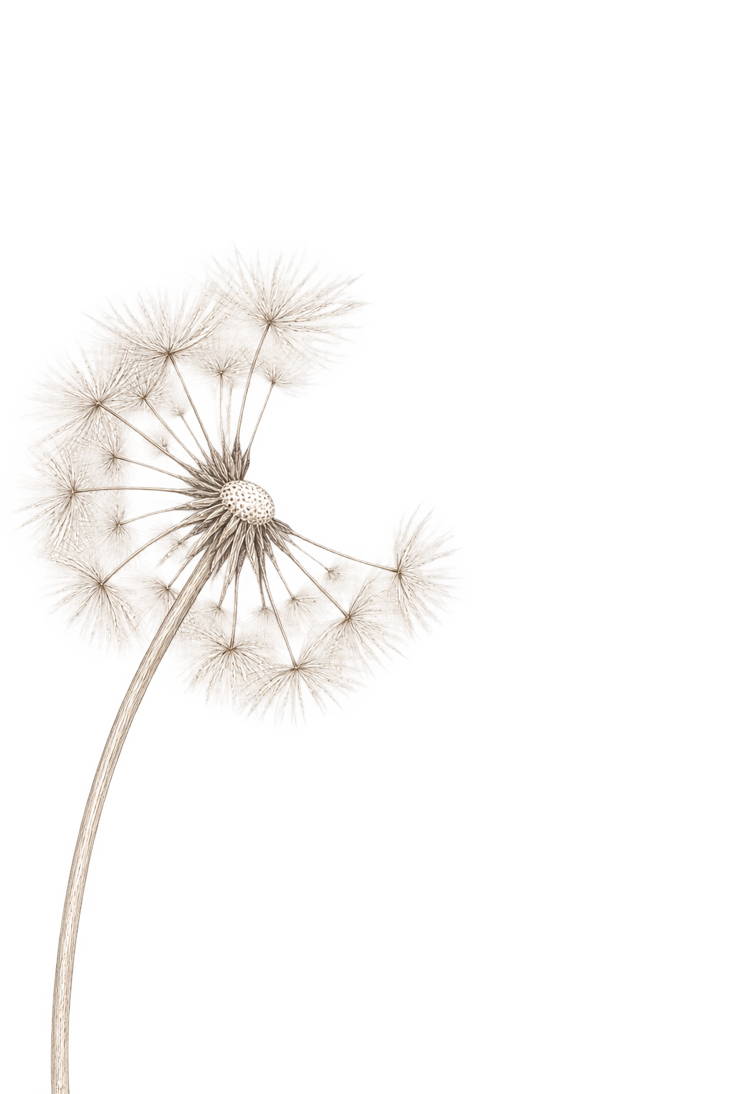 A delicate botanical dandelion carrying seeds outward