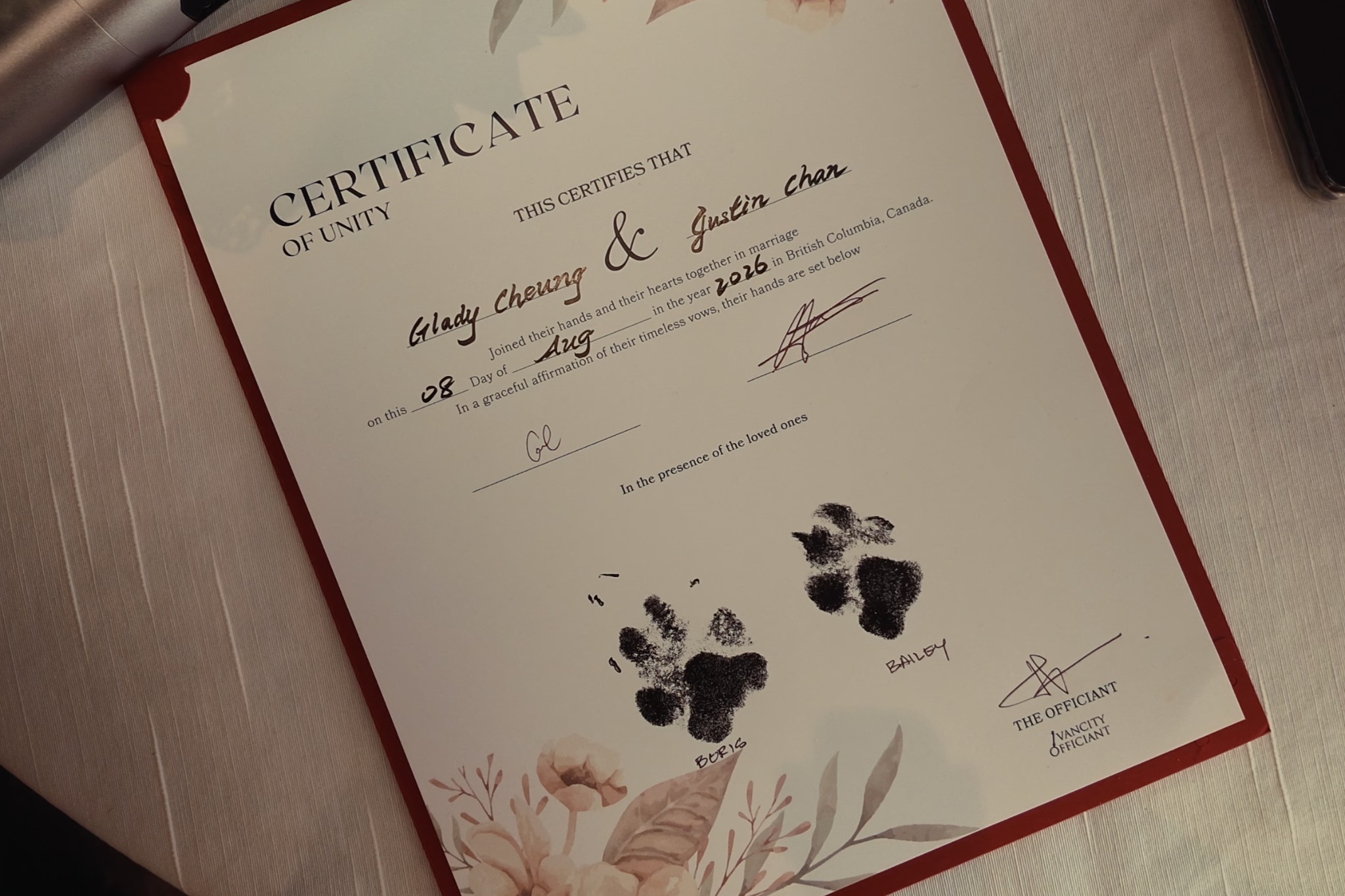 Temporary placement for a Pawfect Witness wedding ceremony photograph